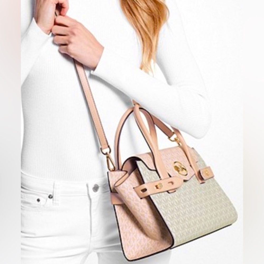 MICHAEL KORS”CARMEN” COLOR-BLOCK LOGO SATCHEL - Picture 4 of 10